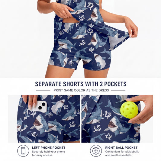 Maxcorners Pickleball Sleeveless Zipper Sports Dress Set Navy Blue Shark Ocean Print