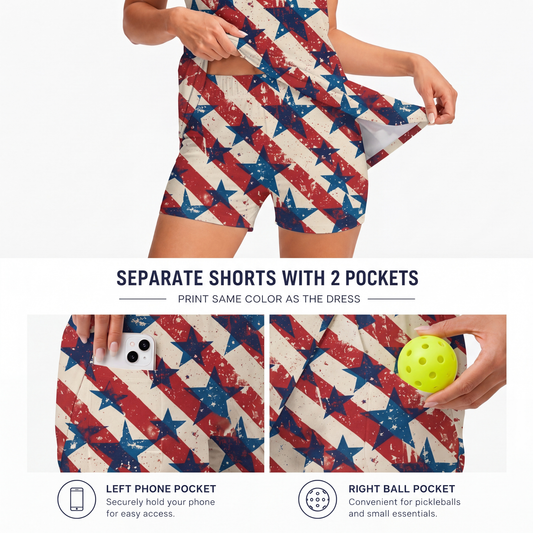 Maxcorners Pickleball Sleeveless Zipper Sports Dress Set Distressed American Stars and Stripes Print