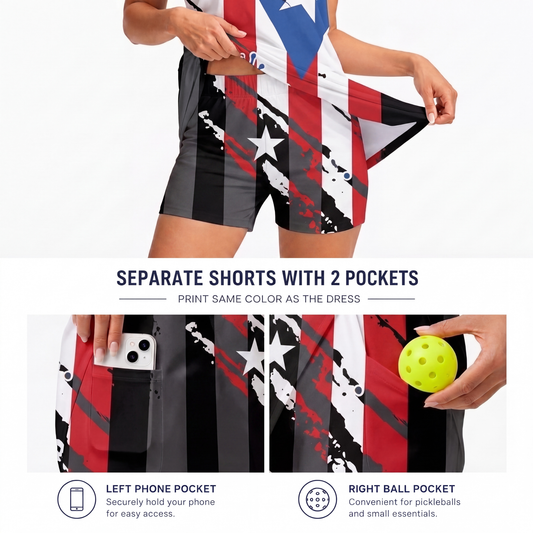 Maxcorners Pickleball Sleeveless Zipper Sports Dress Set Puerto Rico Flag Coqui Frog Print