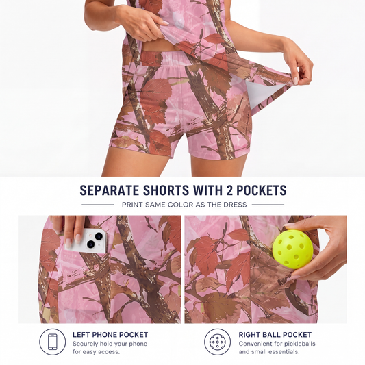 Maxcorners Pickleball Sleeveless Zipper Sports Dress Set Pink Woodland Camouflage Leaf Print