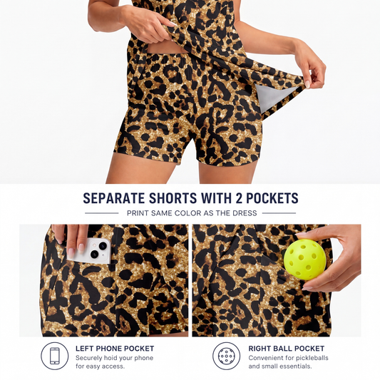 Maxcorners Pickleball Sleeveless Zipper Sports Dress Set Gold Glitter Leopard Print