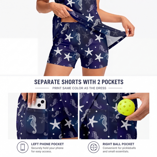 Maxcorners Pickleball Sleeveless Zipper Sports Dress Set Navy Seahorse and Starfish Print