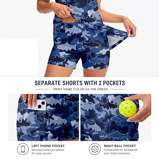Maxcorners Pickleball Sleeveless Zipper Sports Dress Set Blue Camouflage Fish Print