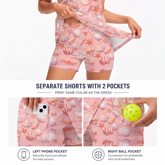 Maxcorners Pickleball Sleeveless Zipper Sports Dress Set Pink Seashell and Starfish Print