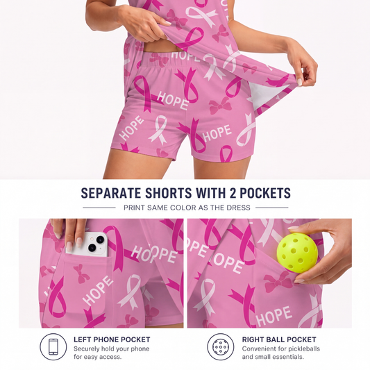 Maxcorners Pickleball Sleeveless Zipper Sports Dress Set Pink Ribbon Breast Cancer Awareness Hope Print