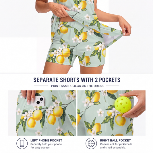 Maxcorners Pickleball Sleeveless Zipper Sports Dress Set Lemon Blossom Mint Green Print