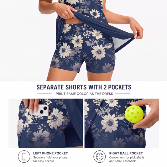 Maxcorners Pickleball Sleeveless Zipper Sports Dress Set Navy Blue Ivory Floral Print