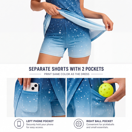 Maxcorners Pickleball Sleeveless Zipper Sports Dress Set Blue Ombre Snowfall Print