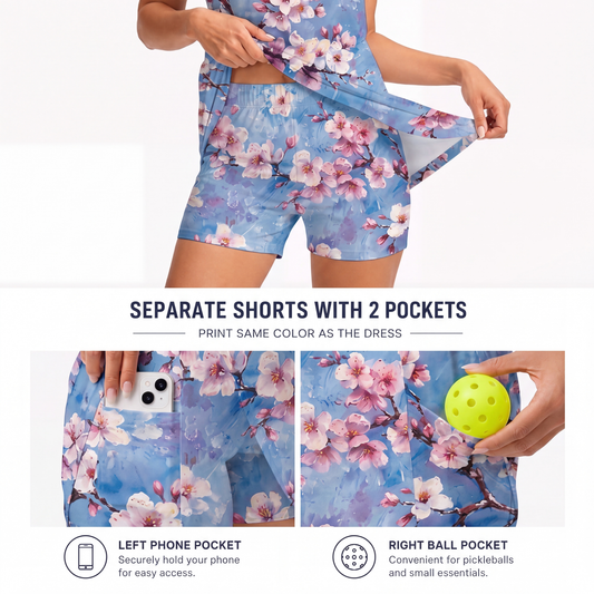 Maxcorners Pickleball Sleeveless Zipper Sports Dress Set Blue Watercolor Cherry Blossom Print