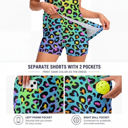 Maxcorners Pickleball Sleeveless Zipper Sports Dress Set Rainbow Neon Leopard Print