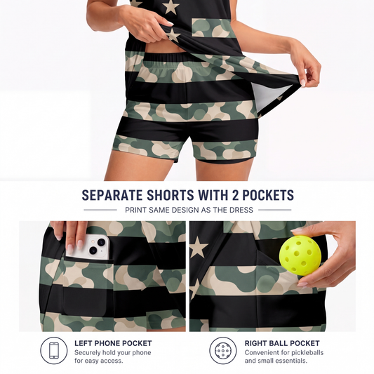 Maxcorners Pickleball Sleeveless Zipper Sports Dress Set Military Camouflage American Flag Print