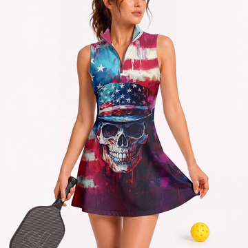 Maxcorners Pickleball Sleeveless Zipper Sports Dress Set Patriotic American Flag Skull Print