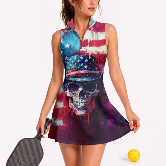 Maxcorners Pickleball Sleeveless Zipper Sports Dress Set Patriotic American Flag Skull Print