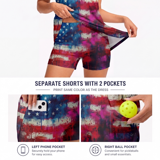 Maxcorners Pickleball Sleeveless Zipper Sports Dress Set Patriotic American Flag Skull Print