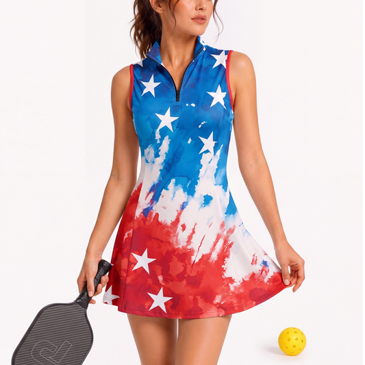 Maxcorners Pickleball Sleeveless Zipper Sports Dress Set Watercolor Red White and Blue Stars Print