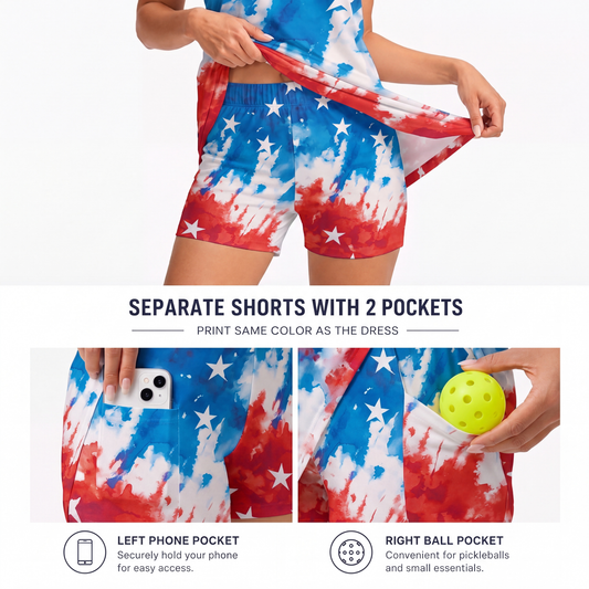 Maxcorners Pickleball Sleeveless Zipper Sports Dress Set Watercolor Red White and Blue Stars Print