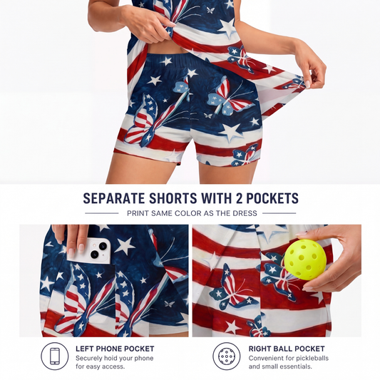 Maxcorners Pickleball Sleeveless Zipper Sports Dress Set Patriotic Butterfly American Flag Print