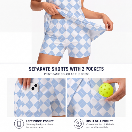 Maxcorners Pickleball Sleeveless Zipper Sports Dress Set Light Blue Argyle Print