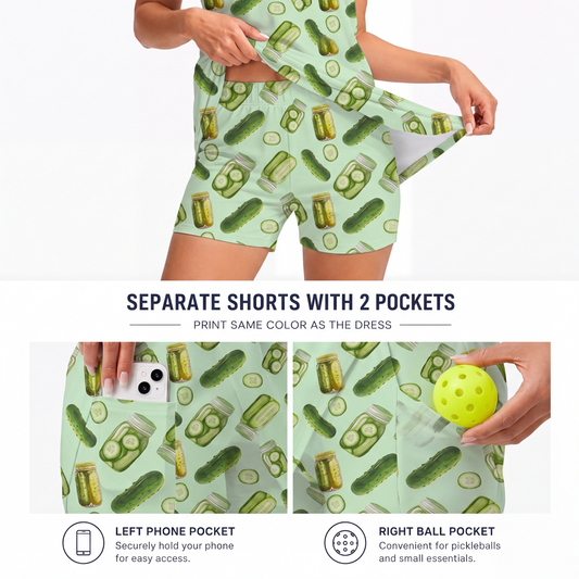 Maxcorners Pickleball Sleeveless Zipper Sports Dress Set Pickle Jar and Cucumber Print
