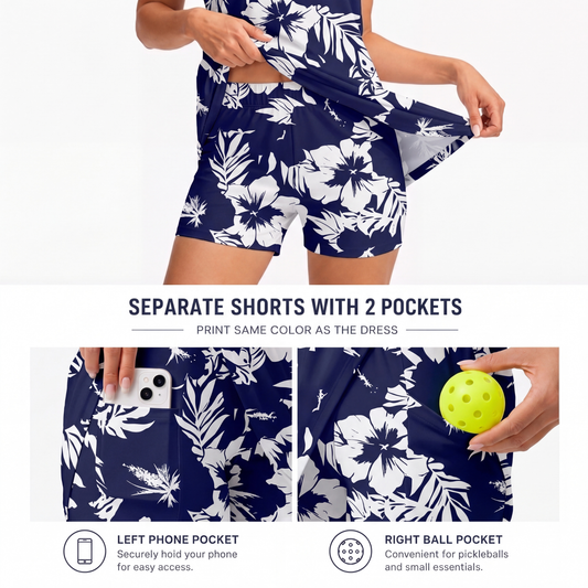Maxcorners Pickleball Sleeveless Zipper Sports Dress Set Navy Blue White Hibiscus Tropical Print
