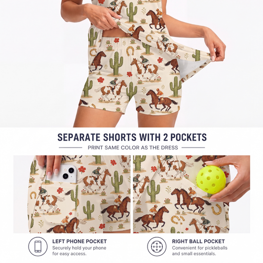 Maxcorners Pickleball Sleeveless Zipper Sports Dress Set Western Horse Racing Cactus Print