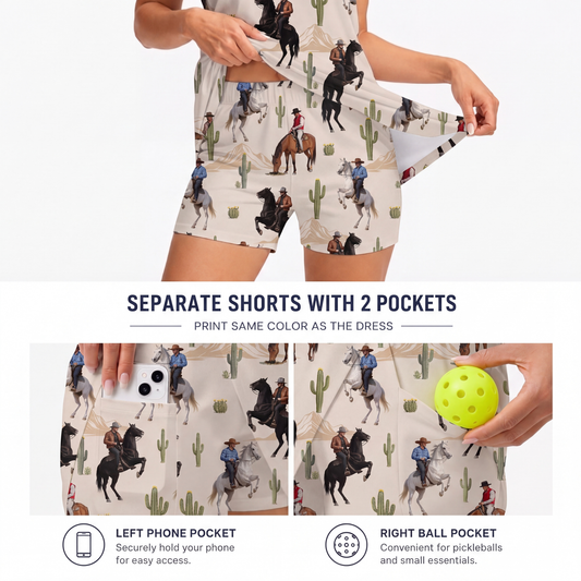 Maxcorners Pickleball Sleeveless Zipper Sports Dress Set Western Cowboy Horse Desert Print