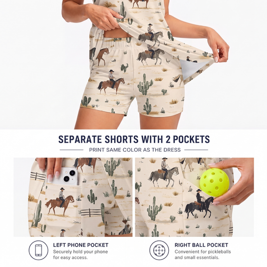 Maxcorners Pickleball Sleeveless Zipper Sports Dress Set Vintage Cowboy Desert Cactus Print