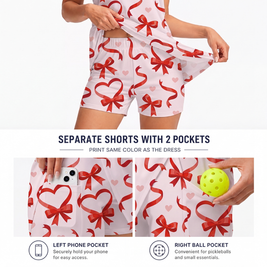 Maxcorners Pickleball Sleeveless Zipper Sports Dress Set Red Ribbon Heart Bow Valentine Print