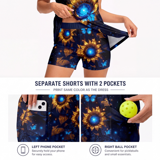 Maxcorners Pickleball Sleeveless Zipper Sports Dress Set Glowing Sunflower Blue Butterfly Night Print