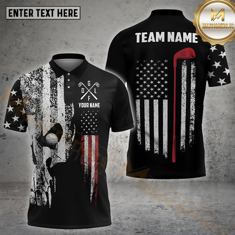Maxcorners Golf Skull Flag Of USA Pattern Customized Name, Team Name Shirts