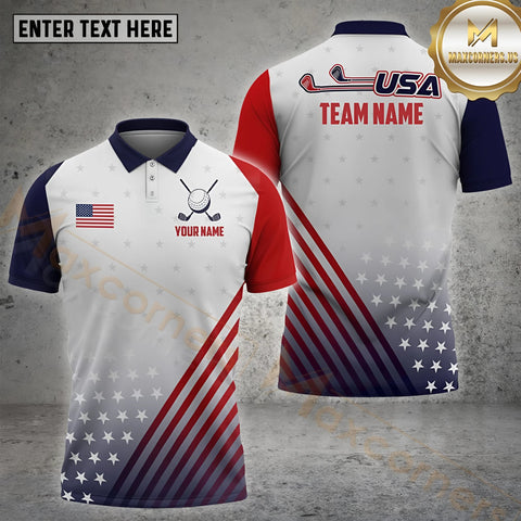 Maxcorners White Golf Flag Of USA Pattern Customized Name, Team Name Shirts