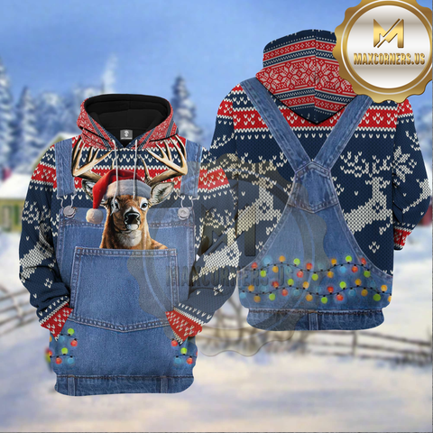 Maxcorners Deer Hunting Christmas Denim Pattern Deer Hunting Shirt 3D All Over Printed Clothes