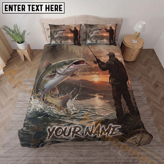 Maxcorners Fishing Sunset Angler Personalized Name Unisex 3D Bedding Set