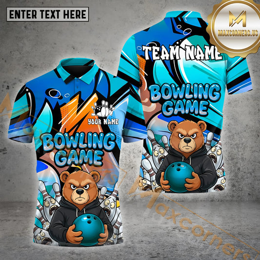 Maxcorners Graffiti Bowling Shirt Angry Bear Cartoon Style Multicolor Options Personalized Name, Team Name 3D Shirt (4 Colors)