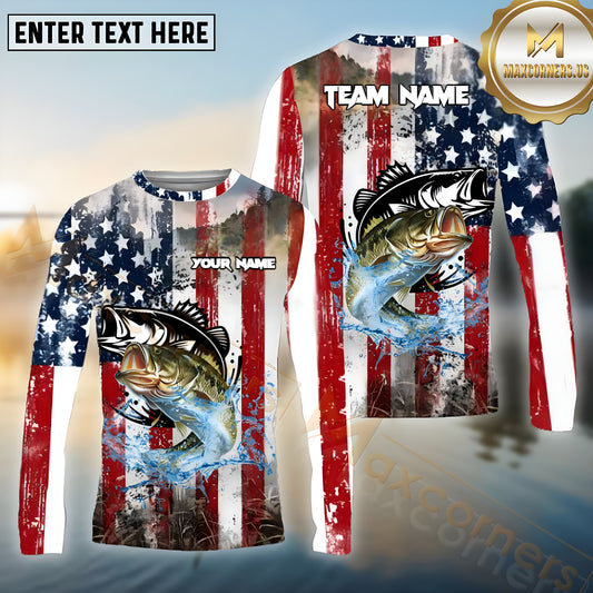 Maxcorners Bass Fishing Freedom Strike Pattern Sport Jersey Personalized Name, Team Name Long Sleeve Shirt