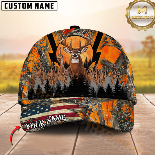Maxcorners Funny Deer Hunting Middle Finger Sunset Orange Camo Personalized Name 3D Cap (4 Colors)