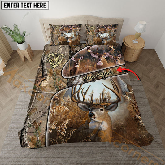 Maxcorners Maxcorners Deer Hunting Autumn Forest Leather Trim Personalized Name Bedding Set 3D Print Custom Name (4 Color)