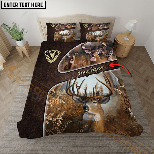 Maxcorners Maxcorners Deer Hunting Autumn Forest Leather Trim Personalized Name Bedding Set 3D Print Custom Name (4 Color)