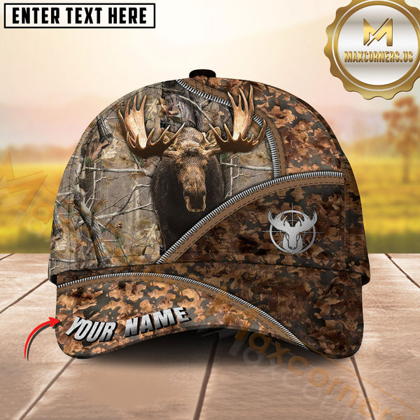 Maxcorners Hunting Grass Brown Camo Zipper Style 3D Personalized Name 3D Cap (Deer/Moose/Boar/Bear)