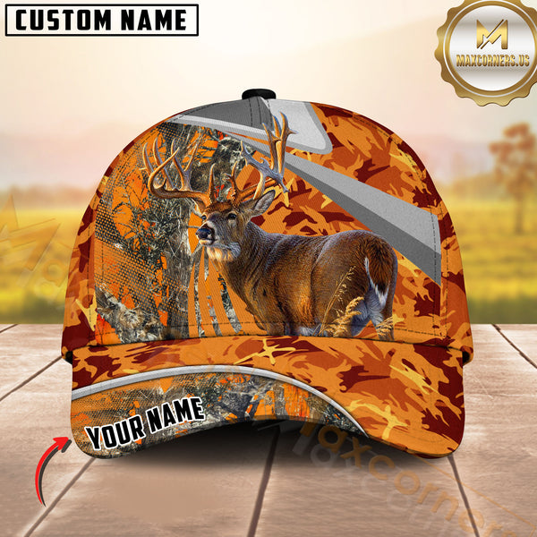 Maxcorners Hunting Orange Camo Style 3D Personalized Name 3D Cap (Deer/Moose/Boar/Bear)
