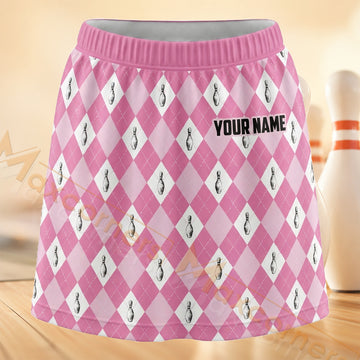 Maxcorners Bowling Pink Argyle Personalized 3D Skort, Skirts With Shorts