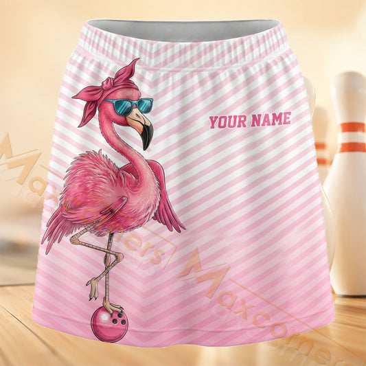 Maxcorners Bowling Pink Flamingo Stripe Personalized 3D Skort, Skirts With Shorts