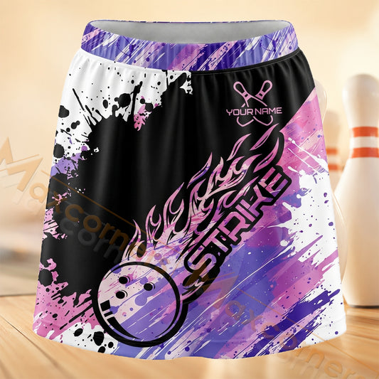 Maxcorners Bowling Pink Purple Flame Strike Personalized 3D Skort, Skirts With Shorts