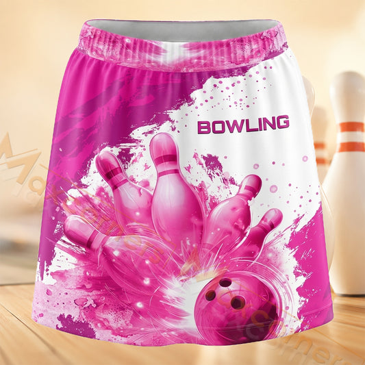 Maxcorners Bowling Pink Watercolor Splash Personalized 3D Skort, Skirts With Shorts