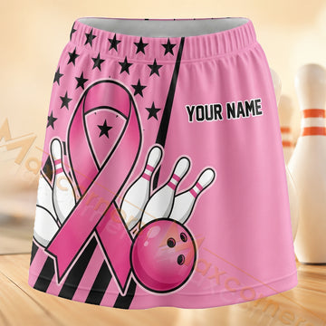 Maxcorners Bowling Pink Ribbon And Stars Personalized 3D Skort, Skirts With Shorts