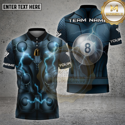 Maxcorners Billiard Shirt Thunder Armor Lightning Strike Blue Suit 8 Ball Design Multicolor Options Personalized Name, Team Name Unisex 3D Shirt
