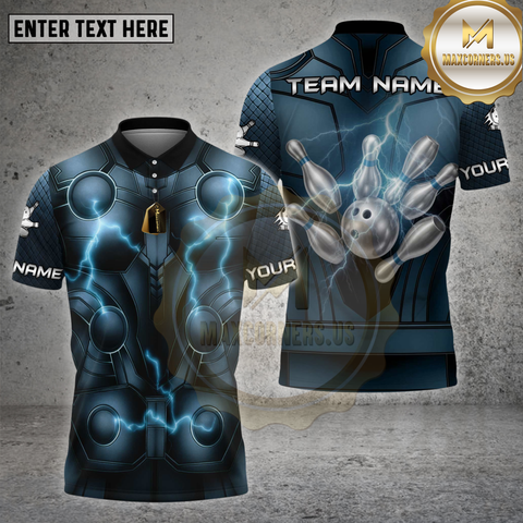 Maxcorners Bowling Thunder Armor Lightning Strike Blue Suit Ball Design Multicolor Options Personalized Name, Team Name Unisex 3D Shirt