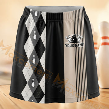 Maxcorners Bowling Black White Argyle Personalized 3D Skort, Skirts With Shorts