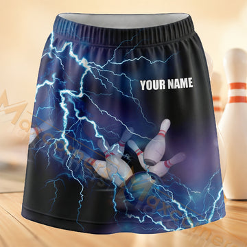 Maxcorners Bowling Electric Blue Pins Personalized 3D Skort, Skirts With Shorts