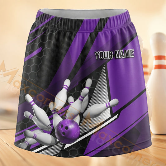 Maxcorners Bowling Purple Geometric Pins Personalized 3D Skort, Skirts With Shorts